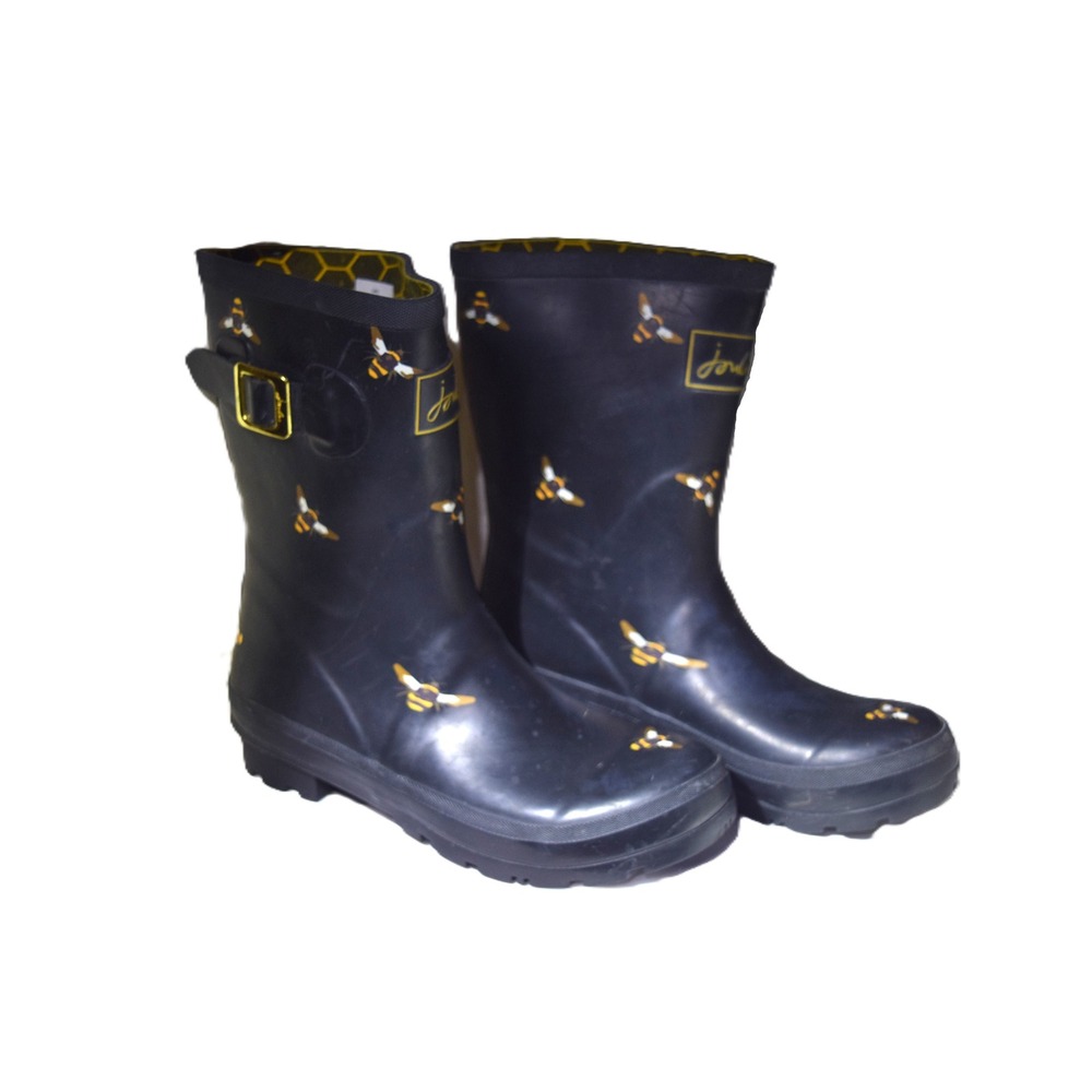Joules Molly Rain‎ Boots Womens Size 7 Black Bumble Bee Print Mid Wellies Good